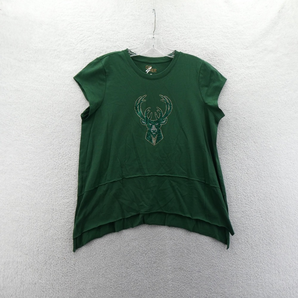 GIII 4Her‎ Shirt Women Medium Milwaukee Bucks Green Rhinestone Logo High Low Hem